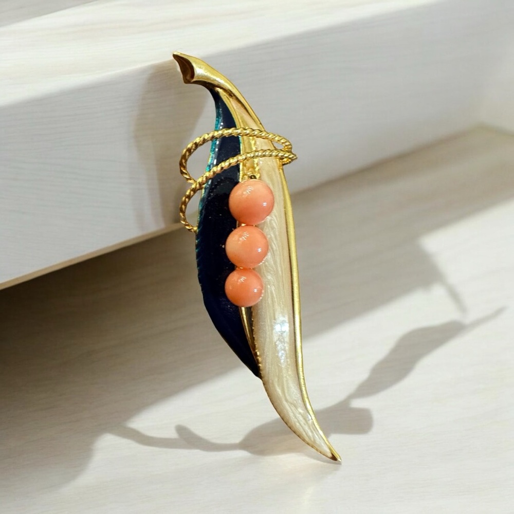 Japanese Vintage Cloisonné Brooch Pin Coral Leaf with Brass Trim